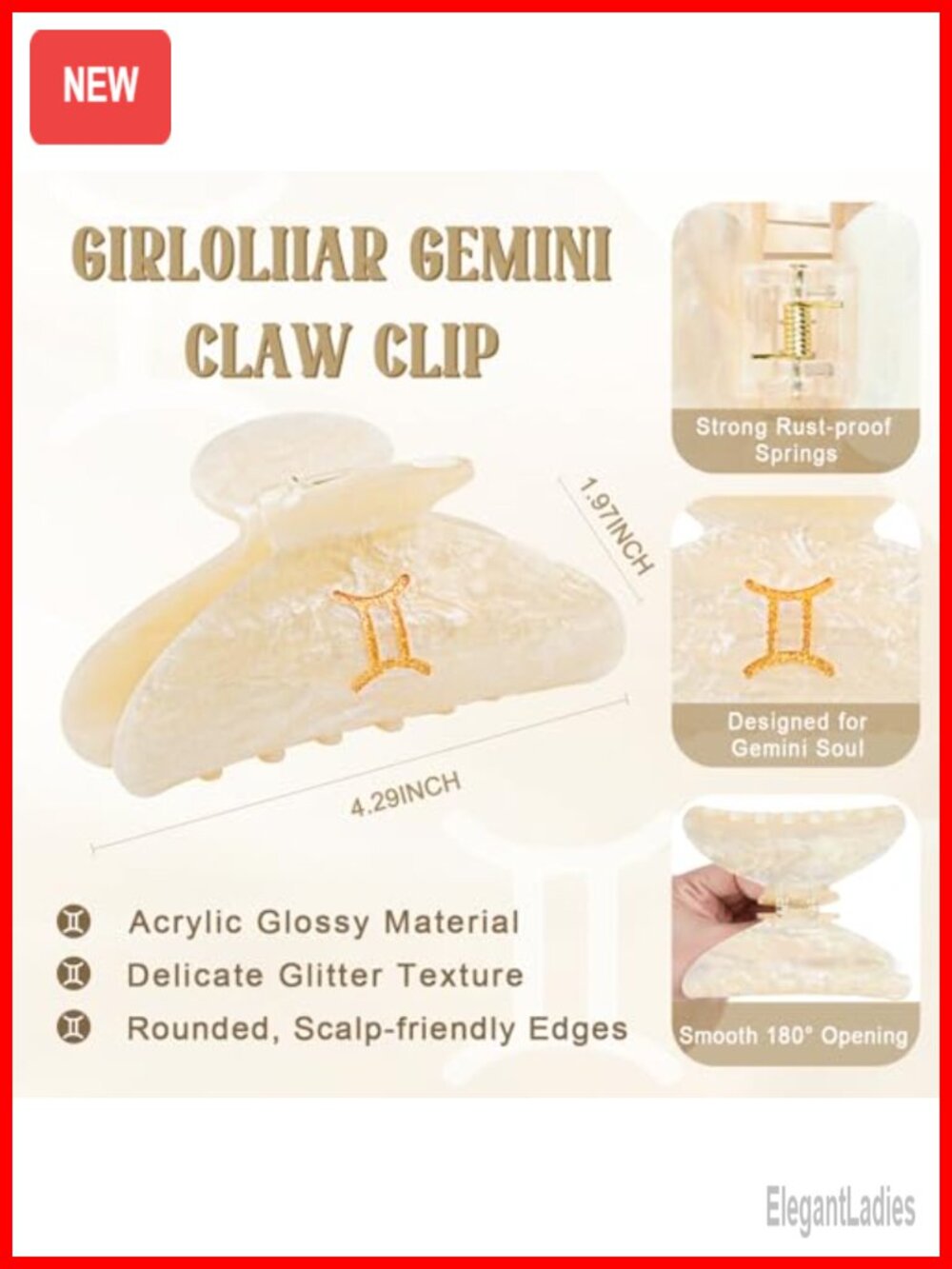 Gemini Zodiac Gift Set for Women, Marble Acrylic Hair Claw Clip & Necklace - Picture 3 of 6